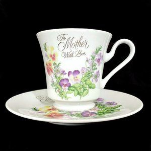 Vintage 1980s Saji Fine China Teacup and Saucer Set To Mother with Love - Pansy